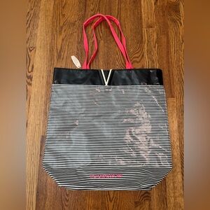 Victorias Secret Striped Coated Canvas Tote Bag V Embellishment Beach Large